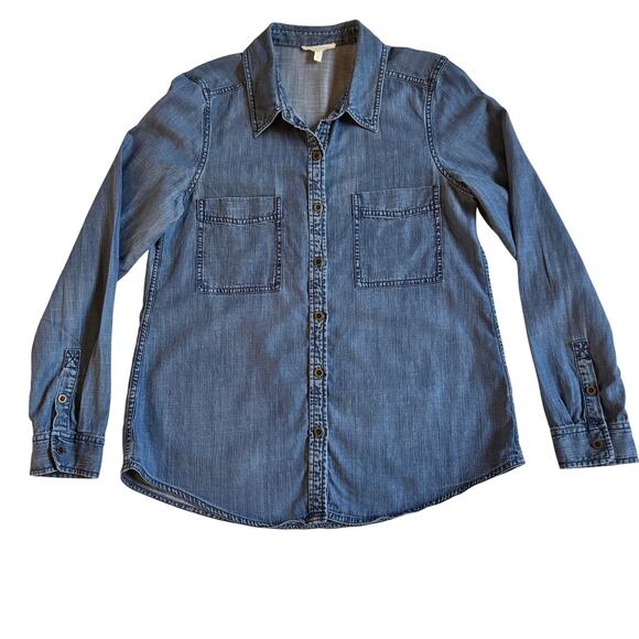 Eileen Fisher Chambray Denim Button Down Front Cotton Blouse Top Size Small EUC - Picture 7 of 12